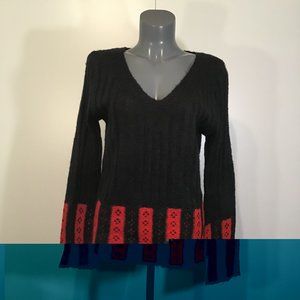 Lan Ting Black V-Neck Wool Sweater with Red Stripes Size M